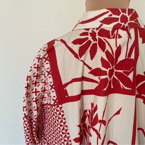 Anthropologie Maeve Red White Cotton Printmaker Poplin Long Sleeve Shirtdress L - Picture 12 of 12